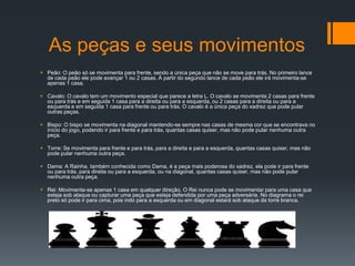 As peças e seus movimentos
 Peão: O peão só se movimenta para frente, sendo a única peça que não se move para trás. No primeiro lance
  de cada peão ele pode avançar 1 ou 2 casas. À partir do segundo lance de cada peão ele irá movimenta-se
  apenas 1 casa.

 Cavalo: O cavalo tem um movimento especial que parece a letra L. O cavalo se movimenta 2 casas para frente
  ou para trás e em seguida 1 casa para a direita ou para a esquerda, ou 2 casas para a direita ou para a
  esquerda e em seguida 1 casa para frente ou para trás. O cavalo é a única peça do xadrez que pode pular
  outras peças.

 Bispo: O bispo se movimenta na diagonal mantendo-se sempre nas casas de mesma cor que se encontrava no
  início do jogo, podendo ir para frente e para trás, quantas casas quiser, mas não pode pular nenhuma outra
  peça.

 Torre: Se movimenta para frente e para trás, para a direita e para a esquerda, quantas casas quiser, mas não
  pode pular nenhuma outra peça.

 Dama: A Rainha, também conhecida como Dama, é a peça mais poderosa do xadrez, ela pode ir para frente
  ou para trás, para direita ou para a esquerda, ou na diagonal, quantas casas quiser, mas não pode pular
  nenhuma outra peça.

 Rei: Movimenta-se apenas 1 casa em qualquer direção. O Rei nunca pode se movimentar para uma casa que
  esteja sob ataque ou capturar uma peça que esteja defendida por uma peça adversária. No diagrama o rei
  preto só pode ir para cima, pois indo para a esquerda ou em diagonal estará sob ataque da torre branca.
 