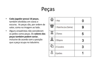 Peças
•   Cada jogador possui 16 peças,
    também divididas em claras e
    escuras. As peças são, por ordem de
    valor, como na imagem ao lado.
•   Alguns enxadristas não consideram
    os peões como peças. Os valores das
    peças também podem variar,
    inclusive de acordo com a posição
    que a peça ocupa no tabuleiro.
 