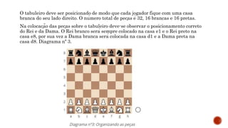 O tabuleiro deve ser posicionado de modo que cada jogador fique com uma casa
branca do seu lado direito. O número total de peças é 32, 16 brancas e 16 pretas.
Na colocação das peças sobre o tabuleiro deve-se observar o posicionamento correto
do Rei e da Dama. O Rei branco será sempre colocado na casa e1 e o Rei preto na
casa e8, por sua vez a Dama branca será colocada na casa d1 e a Dama preta na
casa d8. Diagrama nº 3.
 