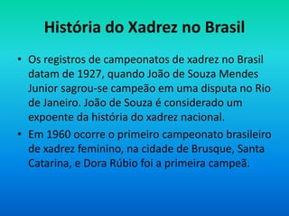 História do Xadrez no Brasil
• Os registros de campeonatos de xadrez no Brasil
datam de 1927, quando João de Souza Mendes
Junior sagrou-se campeão em uma disputa no Rio
de Janeiro. João de Souza é considerado um
expoente da história do xadrez nacional.
• Em 1960 ocorre o primeiro campeonato brasileiro
de xadrez feminino, na cidade de Brusque, Santa
Catarina, e Dora Rúbio foi a primeira campeã.
 