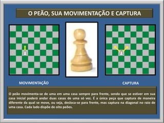 O PEÃO, SUA MOVIMENTAÇÃO E CAPTURA




      MOVIMENTAÇÃO                                                      CAPTURA

O peão movimenta-se de uma em uma casa sempre para frente, sendo que se estiver em sua
casa inicial poderá andar duas casas de uma só vez. É a única peça que captura de maneira
diferente da qual se move, ou seja, desloca-se para frente, mas captura na diagonal no raio de
uma casa. Cada lado dispõe de oito peões.
 