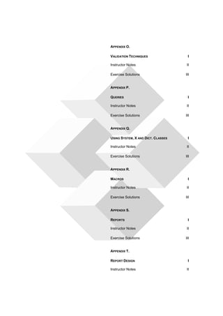 APPENDIX O. 
VALIDATION TECHNIQUES I 
Instructor Notes II 
Exercise Solutions III 
APPENDIX P. 
QUERIES I 
Instructor Notes II 
Exercise Solutions III 
APPENDIX Q. 
USING SYSTEM, X AND DICT. CLASSES I 
Instructor Notes II 
Exercise Solutions III 
APPENDIX R. 
MACROS I 
Instructor Notes II 
Exercise Solutions III 
APPENDIX S. 
REPORTS I 
Instructor Notes II 
Exercise Solutions III 
APPENDIX T. 
REPORT DESIGN I 
Instructor Notes II 
 