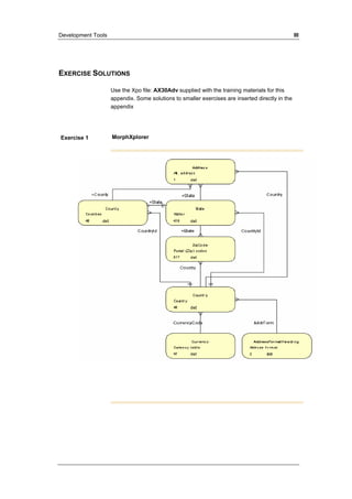 Development Tools III 
EXERCISE SOLUTIONS 
Use the Xpo file: AX30Adv supplied with the training materials for this 
appendix. Some solutions to smaller exercises are inserted directly in the 
appendix 
Exercise 1 MorphXplorer 
 