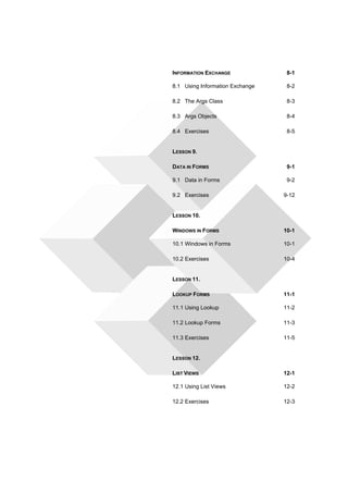 INFORMATION EXCHANGE 8-1 
8.1 Using Information Exchange 8-2 
8.2 The Args Class 8-3 
8.3 Args Objects 8-4 
8.4 Exercises 8-5 
LESSON 9. 
DATA IN FORMS 9-1 
9.1 Data in Forms 9-2 
9.2 Exercises 9-12 
LESSON 10. 
WINDOWS IN FORMS 10-1 
10.1 Windows in Forms 10-1 
10.2 Exercises 10-4 
LESSON 11. 
LOOKUP FORMS 11-1 
11.1 Using Lookup 11-2 
11.2 Lookup Forms 11-3 
11.3 Exercises 11-5 
LESSON 12. 
LIST VIEWS 12-1 
12.1 Using List Views 12-2 
12.2 Exercises 12-3 
 