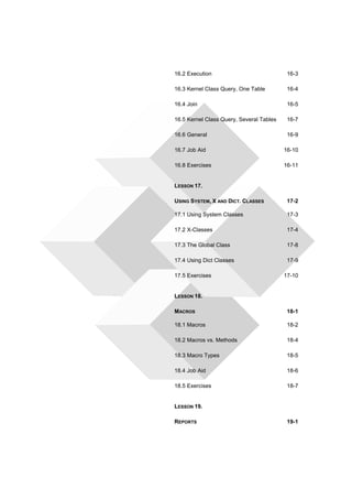 16.2 Execution 16-3 
16.3 Kernel Class Query, One Table 16-4 
16.4 Join 16-5 
16.5 Kernel Class Query, Several Tables 16-7 
16.6 General 16-9 
16.7 Job Aid 16-10 
16.8 Exercises 16-11 
LESSON 17. 
USING SYSTEM, X AND DICT. CLASSES 17-2 
17.1 Using System Classes 17-3 
17.2 X-Classes 17-4 
17.3 The Global Class 17-8 
17.4 Using Dict Classes 17-9 
17.5 Exercises 17-10 
LESSON 18. 
MACROS 18-1 
18.1 Macros 18-2 
18.2 Macros vs. Methods 18-4 
18.3 Macro Types 18-5 
18.4 Job Aid 18-6 
18.5 Exercises 18-7 
LESSON 19. 
REPORTS 19-1 
 