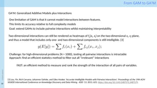 10
<event
name>
From GAM to GA2
M
GA2
M: Generalized Additive Models plus Interactions
One limitation of GAM is that it cannot model interactions between features.
This limits its accuracy relative to full complexity models
Goal: extend GAMs to include pairwise interactions whilst maintaining interpretability
Two-dimensional interactions can still be rendered as heatmaps of fij(xi, xj) on the two-dimensional xi, xj-plane,
and thus a model that includes only one- and two-dimensional components is still intelligible. [3]
[3] Lou, Yin, Rich Caruana, Johannes Gehrke, and Giles Hooker. ‘Accurate Intelligible Models with Pairwise Interactions’. Proceedings of the 19th ACM
SIGKDD International Conference on Knowledge Discovery and Data Mining - KDD ’13, 2013, 623. https://doi.org/10.1145/2487575.2487579.
Challenge: for high-dimensional problems (N > 1000), testing all pairwise interactions is intractable
Approach: find an efficient statistics method to filter out all “irrelevant” interactions
FAST: an efficient method to measure and rank the strength of the interaction of all pairs of variables.
 