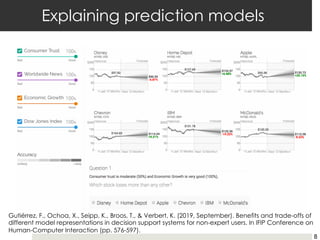 Explaining prediction models
8
Gutiérrez, F., Ochoa, X., Seipp, K., Broos, T., & Verbert, K. (2019, September). Benefits and trade-offs of
different model representations in decision support systems for non-expert users. In IFIP Conference on
Human-Computer Interaction (pp. 576-597).
 