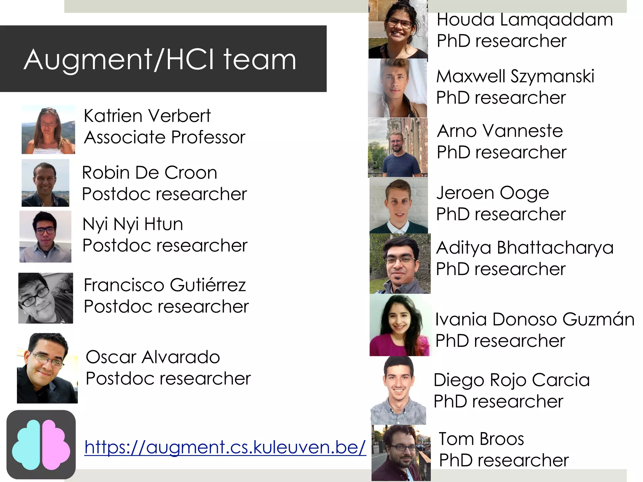 Augment/HCI team
Robin De Croon
Postdoc researcher
Katrien Verbert
Associate Professor
Francisco Gutiérrez
Postdoc researcher
Tom Broos
PhD researcher
Nyi Nyi Htun
Postdoc researcher
Houda Lamqaddam
PhD researcher
Oscar Alvarado
Postdoc researcher
https://augment.cs.kuleuven.be/
Diego Rojo Carcia
PhD researcher
Maxwell Szymanski
PhD researcher
Arno Vanneste
PhD researcher
Jeroen Ooge
PhD researcher
Aditya Bhattacharya
PhD researcher
Ivania Donoso Guzmán
PhD researcher
 