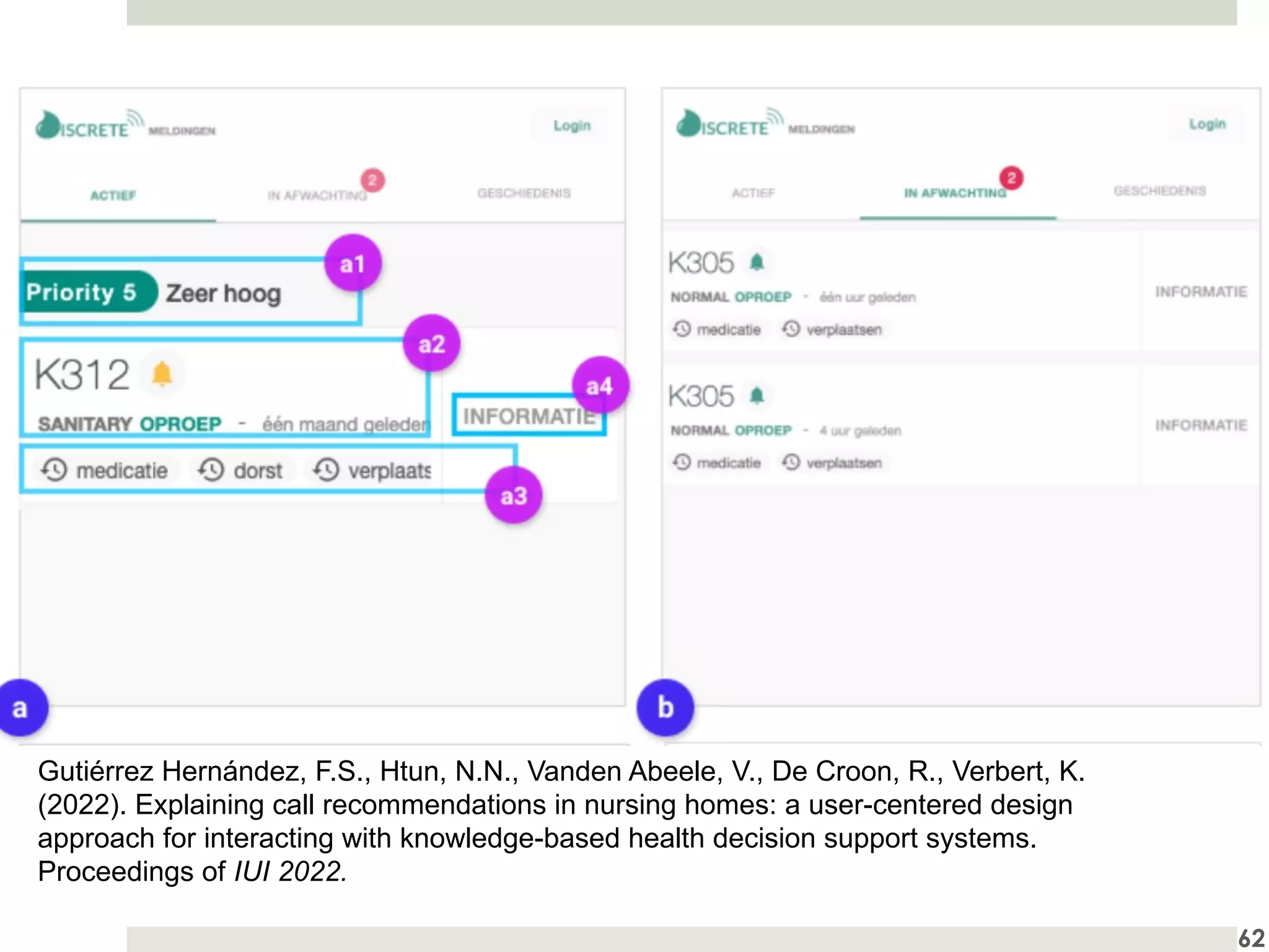 62
Gutiérrez Hernández, F.S., Htun, N.N., Vanden Abeele, V., De Croon, R., Verbert, K.
(2022). Explaining call recommendations in nursing homes: a user-centered design
approach for interacting with knowledge-based health decision support systems.
Proceedings of IUI 2022.
 