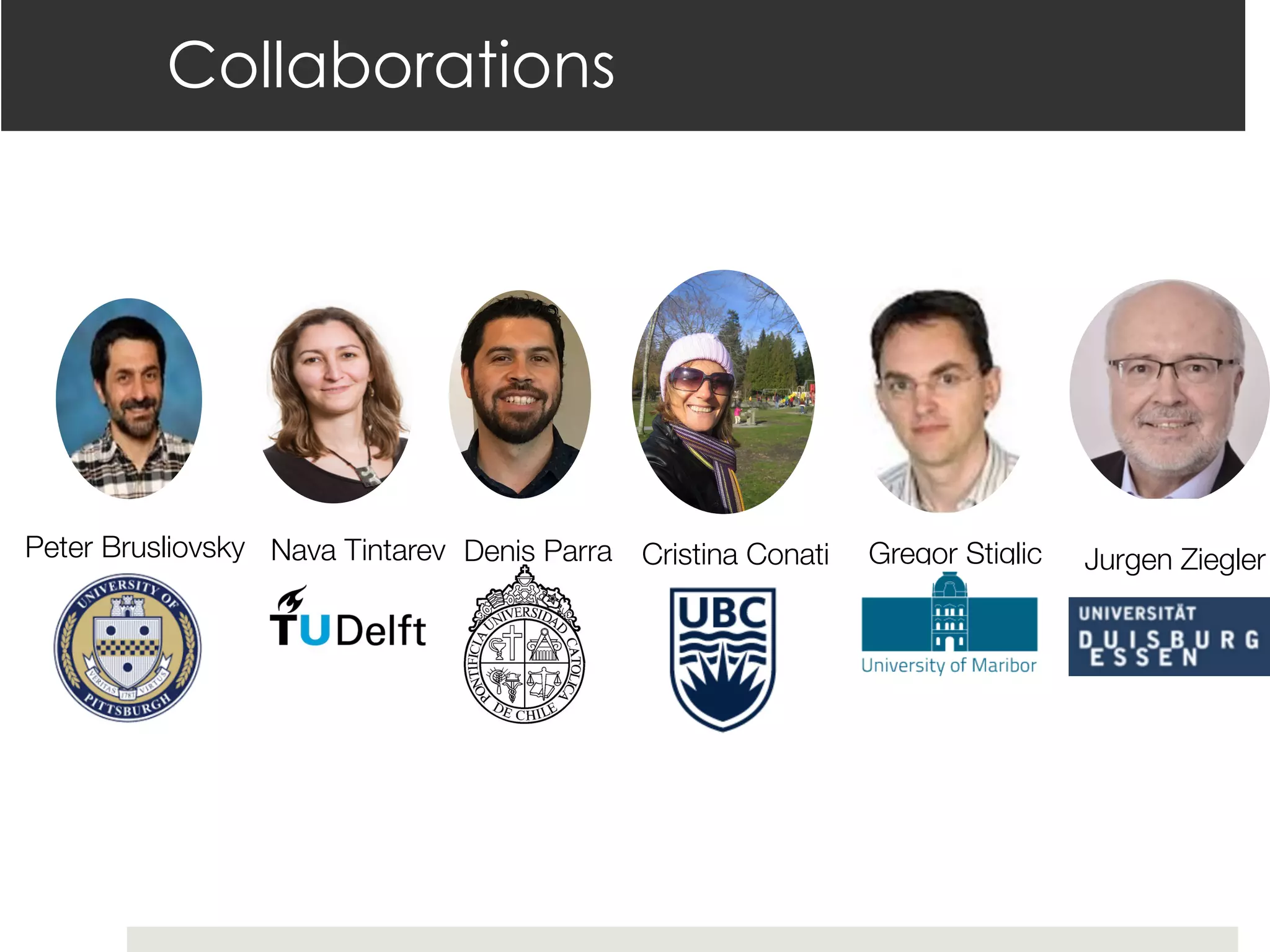 Peter Brusliovsky Nava Tintarev Cristina Conati
Denis Parra
Collaborations
Jurgen Ziegler
Gregor Stiglic
 