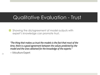 Qualitative Evaluation - Trust
38
¤ Showing the dis/agreement of model outputs with
expert’s knowledge can promote trust.
“The thing that makes us trust the models is the fact that most of the
time, there is a good agreement between the values predicted by the
model and the ones obtained for the knowledge of the experts.”
– Viticulture Expert
 