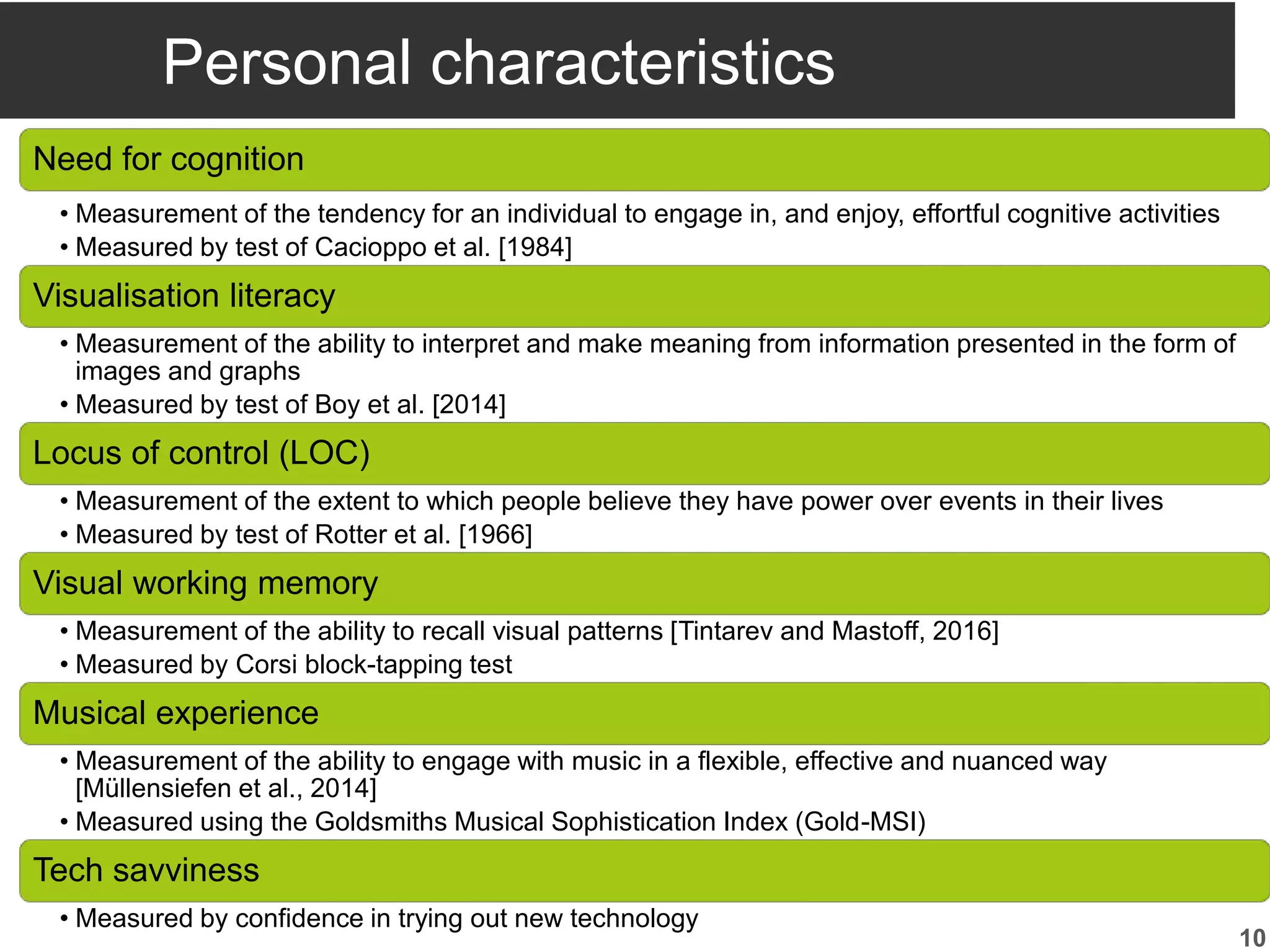 Personal characteristics
Need for cognition
• Measurement of the tendency for an individual to engage in, and enjoy, effortful cognitive activities
• Measured by test of Cacioppo et al. [1984]
Visualisation literacy
• Measurement of the ability to interpret and make meaning from information presented in the form of
images and graphs
• Measured by test of Boy et al. [2014]
Locus of control (LOC)
• Measurement of the extent to which people believe they have power over events in their lives
• Measured by test of Rotter et al. [1966]
Visual working memory
• Measurement of the ability to recall visual patterns [Tintarev and Mastoff, 2016]
• Measured by Corsi block-tapping test
Musical experience
• Measurement of the ability to engage with music in a flexible, effective and nuanced way
[Müllensiefen et al., 2014]
• Measured using the Goldsmiths Musical Sophistication Index (Gold-MSI)
Tech savviness
• Measured by confidence in trying out new technology
10
 