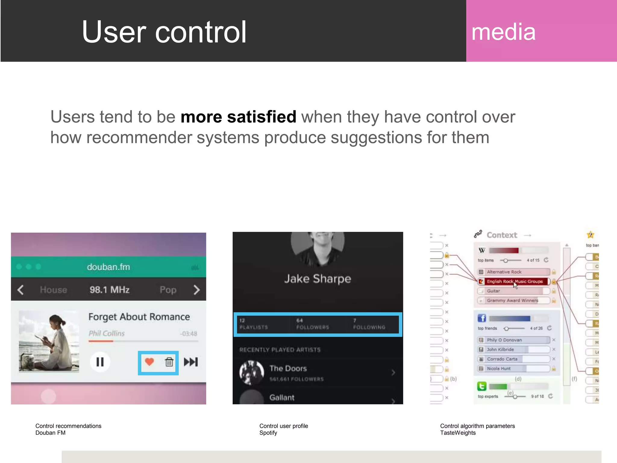 User control
Users tend to be more satisfied when they have control over
how recommender systems produce suggestions for them
Control recommendations
Douban FM
Control user profile
Spotify
Control algorithm parameters
TasteWeights
media
 