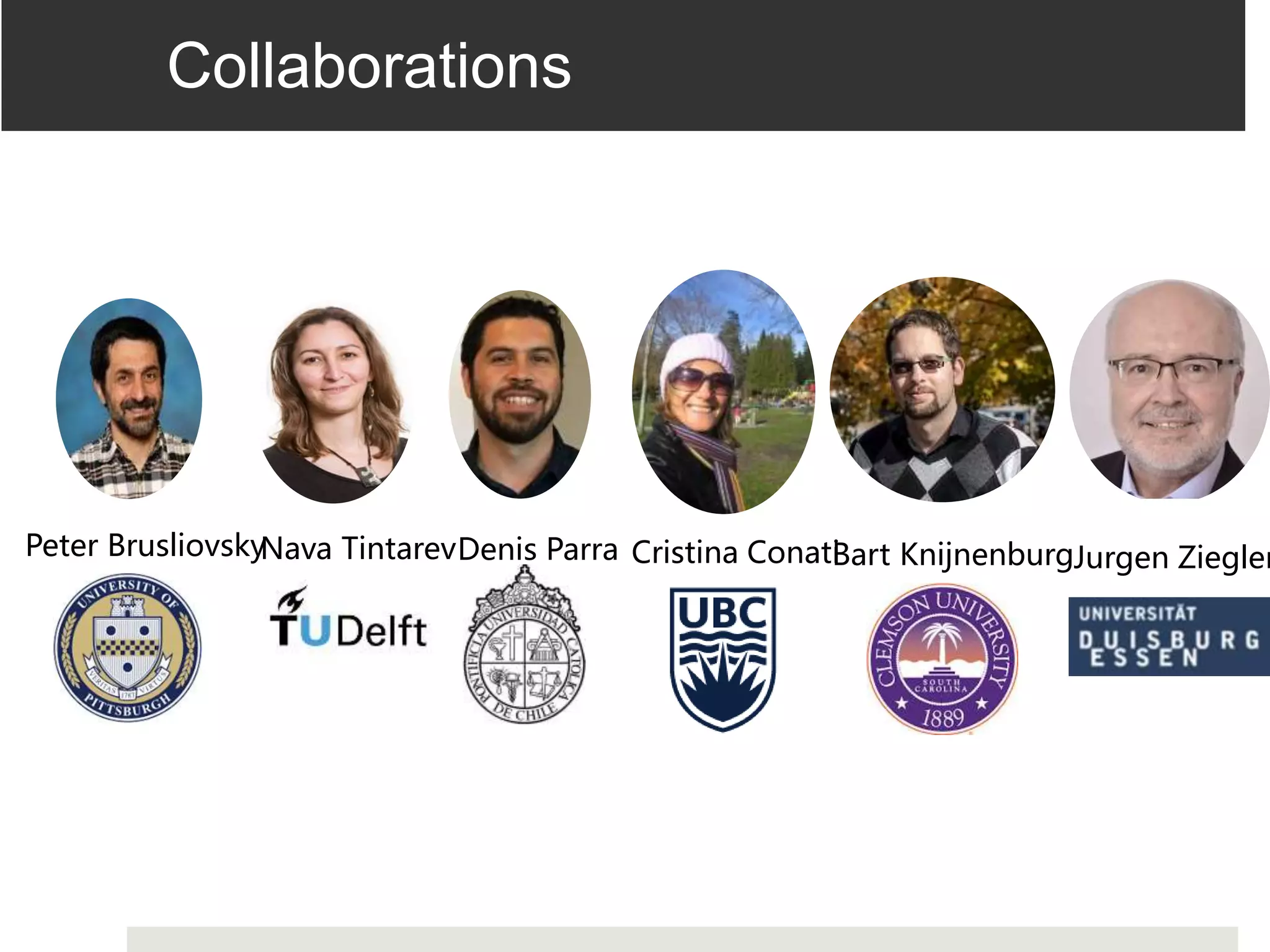 Peter BrusliovskyNava Tintarev Cristina Conati
Denis Parra
Collaborations
Bart KnijnenburgJurgen Ziegler
 