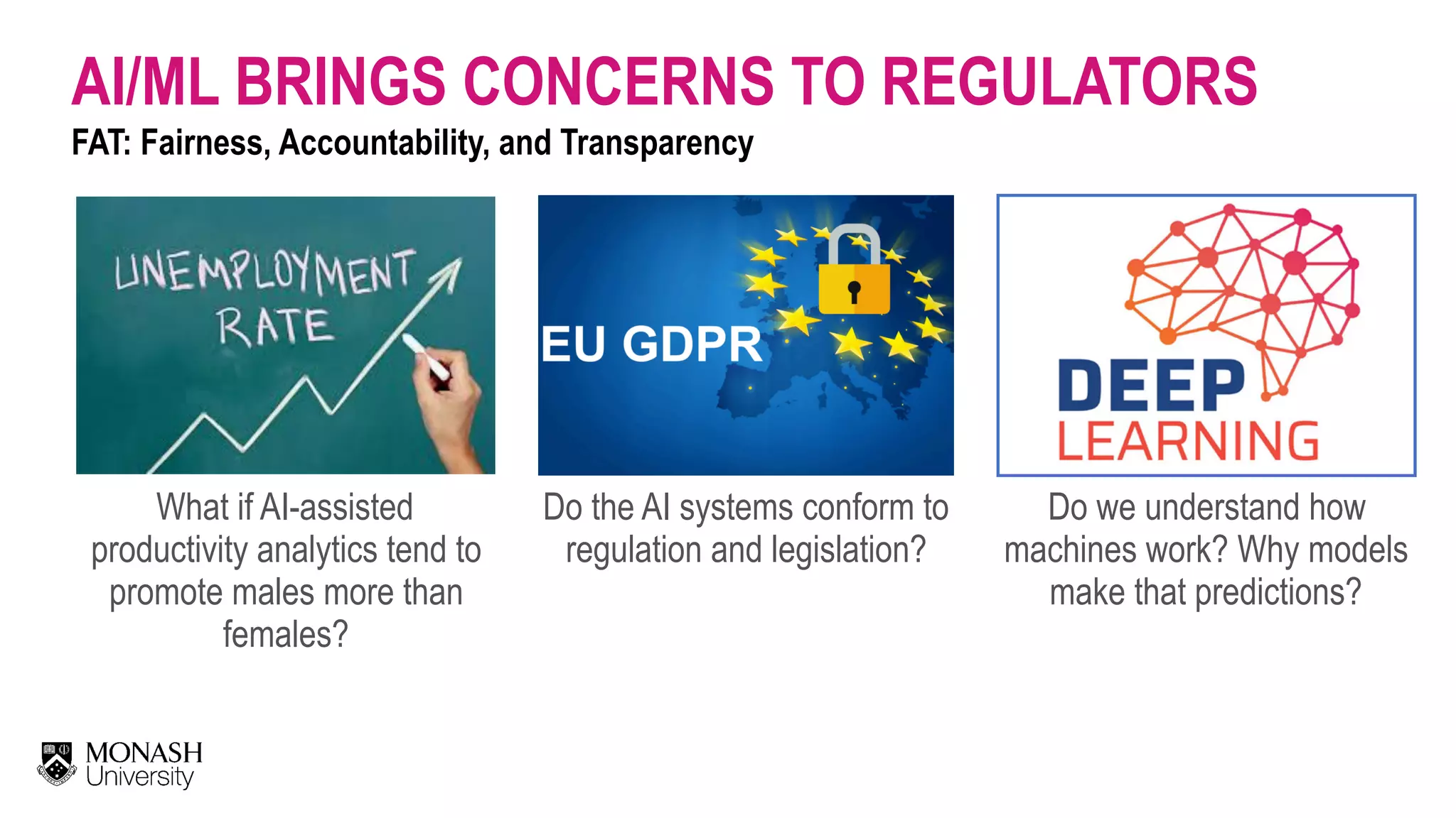AI/ML BRINGS CONCERNS TO REGULATORS FAT: Fairness, Accountability, and Transparency What if AI-assisted productivity analytics tend to promote males more than females? Do the AI systems conform to regulation and legislation? Do we understand how machines work? Why models make that predictions? 