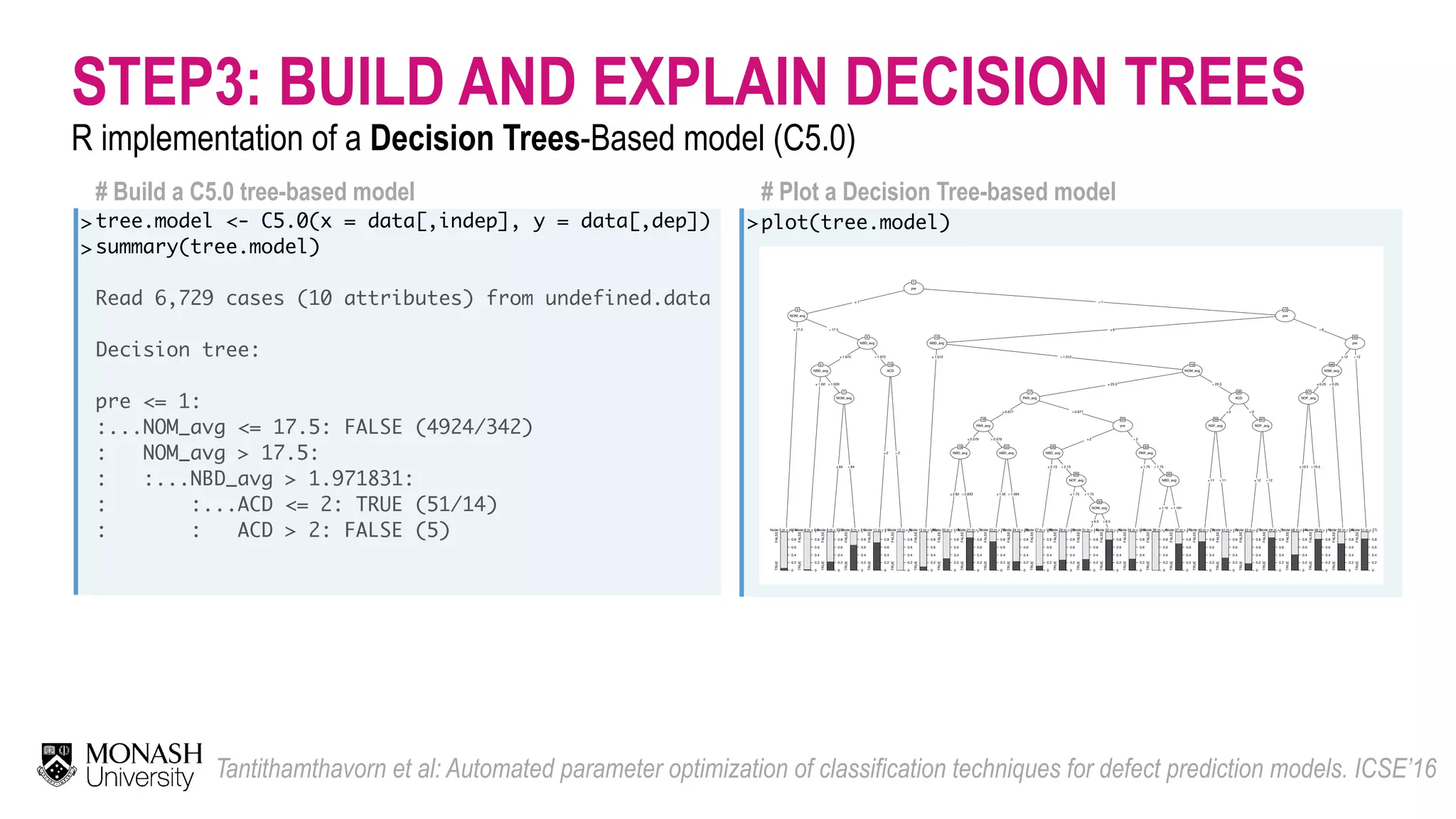 STEP3: BUILD AND EXPLAIN DECISION TREES R implementation of a Decision Trees-Based model (C5.0) # Build a C5.0 tree-based model > > tree.model <- C5.0(x = data[,indep], y = data[,dep]) summary(tree.model) Read 6,729 cases (10 attributes) from undefined.data Decision tree: pre <= 1: :...NOM_avg <= 17.5: FALSE (4924/342) : NOM_avg > 17.5: : :...NBD_avg > 1.971831: : :...ACD <= 2: TRUE (51/14) : : ACD > 2: FALSE (5)    Tantithamthavorn et al: Automated parameter optimization of classification techniques for defect prediction models. ICSE’16 # Plot a Decision Tree-based model >plot(tree.model)                            pre 1 ≤ 1 > 1 NOM_avg 2 ≤ 17.5 > 17.5 Node 3 (n = 4924) TRUEFALSE 0 0.2 0.4 0.6 0.8 1 NBD_avg 4 ≤ 1.972 > 1.972 NBD_avg 5 ≤ 1.029 > 1.029 Node 6 (n = 64) TRUEFALSE 0 0.2 0.4 0.6 0.8 1 NOM_avg 7 ≤ 64 > 64 Node 8 (n = 332) TRUEFALSE 0 0.2 0.4 0.6 0.8 1 Node 9 (n = 21) TRUEFALSE 0 0.2 0.4 0.6 0.8 1 ACD 10 ≤ 2 > 2 Node 11 (n = 51) TRUEFALSE 0 0.2 0.4 0.6 0.8 1 Node 12 (n = 5) TRUEFALSE 0 0.2 0.4 0.6 0.8 1 pre 13 ≤ 6 > 6 NBD_avg 14 ≤ 1.012 > 1.012 Node 15 (n = 180) TRUEFALSE 0 0.2 0.4 0.6 0.8 1 NOM_avg 16 ≤ 23.5 > 23.5 PAR_avg 17 ≤ 0.677 > 0.677 PAR_avg 18 ≤ 0.579 > 0.579 NBD_avg 19 ≤ 2.833> 2.833 Node 20 (n = 118) TRUEFALSE 0 0.2 0.4 0.6 0.8 1 Node 21 (n = 7) TRUEFALSE 0 0.2 0.4 0.6 0.8 1 NBD_avg 22 ≤ 1.564> 1.564 Node 23 (n = 70) TRUEFALSE 0 0.2 0.4 0.6 0.8 1 Node 24 (n = 29) TRUEFALSE 0 0.2 0.4 0.6 0.8 1 pre 25 ≤ 2 > 2 NBD_avg 26 ≤ 2.13 > 2.13 Node 27 (n = 188) TRUEFALSE 0 0.2 0.4 0.6 0.8 1 NOF_avg 28 ≤ 1.75 > 1.75 Node 29 (n = 29) TRUEFALSE 0 0.2 0.4 0.6 0.8 1 NOM_avg 30 ≤ 6.5 > 6.5 Node 31 (n = 10) TRUEFALSE 0 0.2 0.4 0.6 0.8 1 Node 32 (n = 15) TRUEFALSE 0 0.2 0.4 0.6 0.8 1 PAR_avg 33 ≤ 1.75 > 1.75 Node 34 (n = 288) TRUEFALSE 0 0.2 0.4 0.6 0.8 1 NBD_avg 35 ≤ 1.161> 1.161 Node 36 (n = 4) TRUEFALSE 0 0.2 0.4 0.6 0.8 1 Node 37 (n = 37) TRUEFALSE 0 0.2 0.4 0.6 0.8 1 ACD 38 ≤ 0 > 0 NSF_avg 39 ≤ 11 > 11 Node 40 (n = 73) TRUEFALSE 0 0.2 0.4 0.6 0.8 1 Node 41 (n = 12) TRUEFALSE 0 0.2 0.4 0.6 0.8 1 NOF_avg 42 ≤ 12 > 12 Node 43 (n = 27) TRUEFALSE 0 0.2 0.4 0.6 0.8 1 Node 44 (n = 7) TRUEFALSE 0 0.2 0.4 0.6 0.8 1 pre 45 ≤ 12 > 12 NSM_avg 46 ≤ 0.25 > 0.25 NOF_avg 47 ≤ 10.5 > 10.5 Node 48 (n = 94) TRUEFALSE 0 0.2 0.4 0.6 0.8 1 Node 49 (n = 11) TRUEFALSE 0 0.2 0.4 0.6 0.8 1 Node 50 (n = 56) TRUEFALSE 0 0.2 0.4 0.6 0.8 1 Node 51 (n = 77) TRUEFALSE 0 0.2 0.4 0.6 0.8 1 