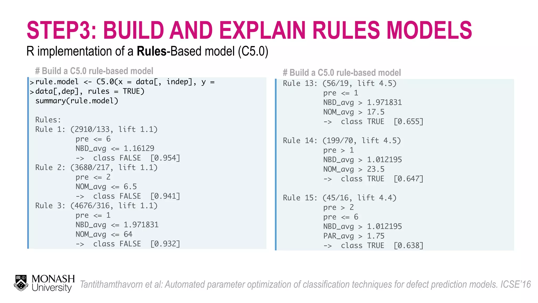 STEP3: BUILD AND EXPLAIN RULES MODELS R implementation of a Rules-Based model (C5.0) Tantithamthavorn et al: Automated parameter optimization of classification techniques for defect prediction models. ICSE’16 # Build a C5.0 rule-based model Rule 13: (56/19, lift 4.5) pre <= 1 NBD_avg > 1.971831 NOM_avg > 17.5 -> class TRUE [0.655] Rule 14: (199/70, lift 4.5) pre > 1 NBD_avg > 1.012195 NOM_avg > 23.5 -> class TRUE [0.647] Rule 15: (45/16, lift 4.4) pre > 2 pre <= 6 NBD_avg > 1.012195 PAR_avg > 1.75 -> class TRUE [0.638] # Build a C5.0 rule-based model > > rule.model <- C5.0(x = data[, indep], y = data[,dep], rules = TRUE) summary(rule.model)    Rules: Rule 1: (2910/133, lift 1.1) pre <= 6 NBD_avg <= 1.16129 -> class FALSE [0.954] Rule 2: (3680/217, lift 1.1) pre <= 2 NOM_avg <= 6.5 -> class FALSE [0.941]  Rule 3: (4676/316, lift 1.1) pre <= 1 NBD_avg <= 1.971831 NOM_avg <= 64 -> class FALSE [0.932] 