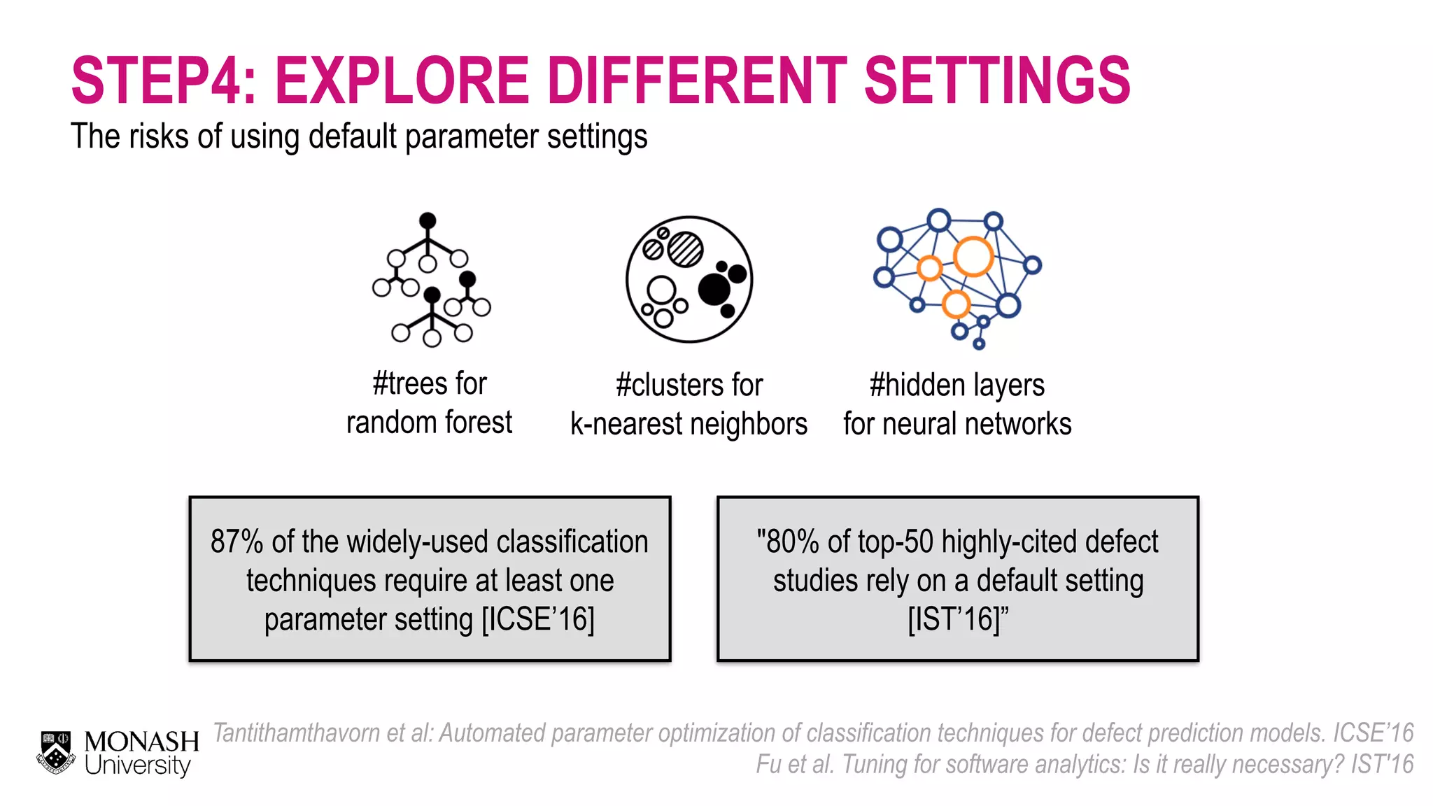 STEP4: EXPLORE DIFFERENT SETTINGS The risks of using default parameter settings Tantithamthavorn et al: Automated parameter optimization of classification techniques for defect prediction models. ICSE’16  Fu et al. Tuning for software analytics: Is it really necessary? IST'16 87% of the widely-used classification techniques require at least one parameter setting [ICSE’16] #trees for   random forest #clusters for   k-nearest neighbors #hidden layers for neural networks "80% of top-50 highly-cited defect studies rely on a default setting [IST’16]” 