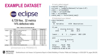 EXAMPLE DATASET # Load a defect dataset
>
>
>
>
> 
>
source("import.R") 
eclipse <- loadDefectDataset("eclipse-2.0")
data <- eclipse$data
indep <- eclipse$indep
dep <- eclipse$dep
data[,dep] <- factor(data[,dep])
6,729 files, 32 metrics 
14% defective ratio
Tantithamthavorn and Hassan. An Experience Report on Defect Modelling in Practice: Pitfalls and Challenges. In ICSE-SEIP’18, pages 286-295.
# Understand your dataset
> describe(data)
data
33 Variables 6729 Observations
-------------------------------------------------
CC_sum
n missing distinct Mean
6729 0 268 26.9
lowest : 0 1 , highest: 1052 1299
————————————————————————
post
n missing distinct
6729 0 2
Value FALSE TRUE
Frequency 5754 975
Proportion 0.855 0.145[Zimmermann et al, PROMISE’07]
 
