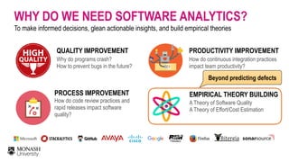 WHY DO WE NEED SOFTWARE ANALYTICS?
To make informed decisions, glean actionable insights, and build empirical theories
PROCESS IMPROVEMENT
How do code review practices and
rapid releases impact software
quality?
PRODUCTIVITY IMPROVEMENT
How do continuous integration practices
impact team productivity?
QUALITY IMPROVEMENT
Why do programs crash?
How to prevent bugs in the future?
EMPIRICAL THEORY BUILDING
A Theory of Software Quality
A Theory of Effort/Cost Estimation
Beyond predicting defects
 