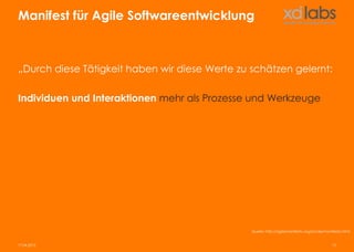 Manifest für Agile Softwareentwicklung



„Durch diese Tätigkeit haben wir diese Werte zu schätzen gelernt:

Individuen und Interaktionen mehr als Prozesse und Werkzeuge




                                                Quelle: http://agilemanifesto.org/iso/de/manifesto.html


17.04.2013                                                                                  13
 