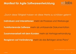 Manifest für Agile Softwareentwicklung



„Durch diese Tätigkeit haben wir diese Werte zu schätzen gelernt:

Individuen und Interaktionen mehr als Prozesse und Werkzeuge

Funktionierende Software mehr als umfassende Dokumentation

Zusammenarbeit mit dem Kunden mehr als Vertragsverhandlung

Reagieren auf Veränderung mehr als das Befolgen eines Plans“



                                                Quelle: http://agilemanifesto.org/iso/de/manifesto.html


17.04.2013                                                                                  18
 
