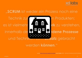 Manifest für Agile Softwareentwicklung

   „SCRUM ist weder ein Prozess noch eine
Durch diese Tätigkeit haben wir diese Werte zu schätzen gelernt:
             Technik zur Erstellung von Produkten;
• Individuen und Interaktionen mehr als Prozesse und Werkzeuge
es ist vielmehr als Framework zu verstehen,
• Funktionierende Software mehr als umfassende Dokumentation
 innerhalb dessen verschiedene Prozesse
• Zusammenarbeit mit dem Kunden mehr als Vertragsverhandlung
         und Techniken zum Einsatz gebracht
• Reagieren auf Veränderung mehr als das Befolgen eines Plans
                      werden können.“
                             Quelle: http://www.scrum.org/Scrum-Guides - Scrum Guide ©1991 – 2013 Ken Schwaber and Jeff Sutherland


17.04.2013                                                                                                              21
 