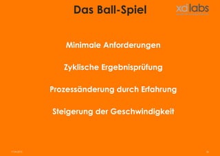 Das Ball-Spiel


                Minimale Anforderungen

                Zyklische Ergebnisprüfung

             Prozessänderung durch Erfahrung

             Steigerung der Geschwindigkeit



17.04.2013                                     36
 