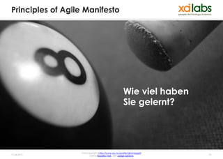 Principles of Agile Manifesto




                                                     Wie viel haben
                                                     Sie gelernt?




                  Fotocopyright: http://www.sxc.hu/profile/djtomegg69
17.04.2013              Lizenz: Royalty free, see usage options         41
 