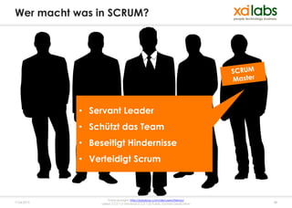 Wer macht was in SCRUM?




             • Servant Leader
             • Schützt das Team
             • Beseitigt Hindernisse
             • Verteidigt Scrum



                       Fotocopyright: http://pixabay.com/de/users/Nemo/
17.04.2013        Lizenz: CC0 1.0 Universal (CC0 1.0) Public Domain Dedication   48
 