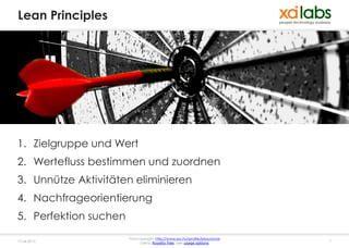 Lean Principles




1. Zielgruppe und Wert
2. Wertefluss bestimmen und zuordnen
3. Unnütze Aktivitäten eliminieren
4. Nachfrageorientierung
5. Perfektion suchen
                       Fotocopyright: http://www.sxc.hu/profile/beautywar
17.04.2013                   Lizenz: Royalty free, see usage options        7
 
