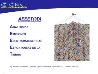 1
AEEET(3D)
ANALISIS DE
EMISIONES
ELECTROMAGNETICAS
ESPONTANEAS DE LA
TIERRA
Ing. Ricardo Luis Morales Lavadenz. Geofísico Senior de Exploración, S.C. – Bolivia Junio 2017
 