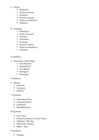 Αρναία
 Πληθυσμός
 Τοπική οικονομία
 Ονομασία
 Ιστορικά στοιχεία
 Έθιμα και παραδόσεις
 Αξιοθέατα
 Ταξιάρχης
 Πληθυσμός
 Τοπική οικονομία
 Υποδομή
 Αθλητισμός
 Ονομασία
 Ιστορικά στοιχεία
 Έθιμα και παραδόσεις
 Αξιοθέατα
5ο Κεφάλαιο:
 Χερσόνησος Κασσάνδρας
 Νέα Μουδανία
 Κασσανδρεία
 Νέα Φώκαια
 Πολύχρονο
 Πευκοχώρι
6ο Κεφάλαιο:
 Σιθωνία
 Εισαγωγή
 Τουρισμός
 Παραλίες
7ο Κεφάλαιο :
 Χερσόνησος Άθως
 Γεωγραφική θέση
 Πληθυσμός
 Προσβασιμότητα
8ο Κεφάλαιο:
 Άγιον Όρος
 Ιστορική αναδρομή του Άγιου Όρους
 Αθανάσιος Αθωνίτης
 Καθιέρωση ονόματος
 Άβατον Όρος
9ο Κεφάλαιο:
 Διοίκηση
 