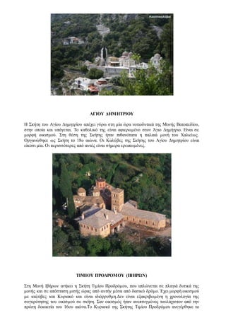 ΑΓΙΟΥ ΔΗΜΗΤΡΙΟΥ
Η Σκήτη του Αγίου Δημητρίου απέχει γύρω στη μία ώρα νοτιοδυτικά της Μονής Βατοπεδίου,
στην οποία και υπάγεται. Το καθολικό της είναι αφιερωμένο στον Άγιο Δημήτριο. Είναι σε
μορφή οικισμού. Στη θέση της Σκήτης ήταν πιθανότατα η παλαιά μονή του Χαλκέως.
Οργανώθηκε ως Σκήτη το 18ο αιώνα. Οι Καλύβες της Σκήτης του Αγίου Δημητρίου είναι
είκοσι μία. Οι περισσότερες από αυτές είναι σήμερα ερειπωμένες.
ΤΙΜΙΟΥ ΠΡΟΔΡΟΜΟΥ (ΙΒΗΡΩΝ)
Στη Μονή Ιβήρων ανήκει η Σκήτη Τιμίου Προδρόμου, που απλώνεται σε πλαγιά δυτικά της
μονής και σε απόσταση μισής ώρας από αυτήν μέσα από δασικό δρόμο. Έχει μορφή οικισμού
με καλύβες και Κυριακό και είναι ιδιόρρυθμη.Δεν είναι εξακριβωμένη η χρονολογία της
συγκρότησης του οικισμού σε σκήτη. Σαν οικισμός ήταν ανεπτυγμένος τουλάχιστον από την
πρώτη δεκαετία του 16ου αιώνα.Tο Κυριακό της Σκήτης Τιμίου Προδρόμου ανεγέρθηκε το
 