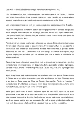 15
Obs.: Não se preocupe caso não consiga manter contato na primeira vez,
Uma das ferramentas mais poderosas para o crescimento pessoal do Xamã é o trabalho
com os espíritos animais. Para os mais experientes neste caminho, os animais podem
aparecer freqüentemente, principalmente quando necessitam do auxilio deles.
Mais uma jornada simples que pode ser usada para ajudar a localizar seu animal de poder.
Fique em uma posição confortável, deitado de barriga para cima ou sentado, aos poucos
relaxe e respire bem fundo pelo seu estômago, passando por seu nariz e para fora da boca.
Leve quatro respirações profundas. Imagine uma bola branca ou uma luz de ouro dentro de
você, está luz é de puro amor.
Permita enviar um raio de pura luz para o topo de sua cabeça. Sinta esta energia amorosa
fluir em você, relaxando todos os seus membros. Deixe essa luz fluir por sua espinha e
observe que toda tensão que existia dentro de você, não existe mais, e que está sendo
preenchida por uma paz. Quando sentir que a luz atingiu o fundo de sua espinha, faça
algumas respirações profundas para ter certeza que toda a tensão e resistência foi
absorvida pela luz
Agora, imagine que este raio de luz dentro de você se expande, de forma que isto o envolve
completamente em uma esfera ou ovo de pura luz. Saiba que você é amado e é protegido.
Se você desejar, chame o Grande Espírito (Deus, Deusa, etc.) para guiar e proteger você
nessa jornada.
Agora, imagine que você está caminhando por uma longa trilha num bosque. Sinta que está
lá. Sinta a grama em baixo de seus pés e uma brisa gentil tocar a sua face. Cheire as flores
e as árvores. Ouça todos os filhos da floresta circunvizinha. (Tente se imaginar 
completamente lá , não force as imagens virem. Deixe virem naturalmente). À frente entre
na mata fechada, você ouvirá um som e um vento gentil.
Sente perto desse fluxo e relaxe. Pergunte agora ao seu aliado, qual são as suas
qualidades e se ele pode ajudar você na sua vida. Sinta uma presença perto de você. Você
sabe que este é seu animal de poder. Você sabe que ele não pode entrar na mata fechada,
que é seu espaço protetor sem sua permissão. (Se você se sente amedrontado, saiba que
você pode despertar do estado xamânico a qualquer hora que se fizer necessário).
 