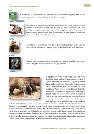 25 
                           a Cura é a Arte de Viver                                                                                                                  
    Xamanismo – A Verdadeira                                                                                                                                                   
 
ÍBIS 

                          É  a  me
                                 edicina  do  alinhamento Para  conexão  com  a deidades egípcias.  Evocar  para
                                                          o.                       as        s      E          a 
                          entendeer a sabedorria ancestral, sabedoria, t
                                                                       trabalhar em
                                                                                  m magia.  

          ROCODILO 
JACARÉ / CR

                                      É a medicinna do inconsciente profu undo, da inic ciação. Nos eensina a ach
                                                                                                                harmos boas  s 
                                      amizades  e  a  fazermos alianças  com  pessoas que  são  d
                                                              s           c             s           diferentes  de  nós.  Para
                                                                                                                             a 
                                      transformar energias  a
                                                 r            agressivas  em  positiva  energia  de ação.  Para tocar  em
                                                                          e                         e            a          m 
                                      energias  pr
                                                 rima,  reorganização  apó o  caos  (m
                                                                          ós            morte  e  ren
                                                                                                    nascimento),  instinto  de
                                                                                                                             e 
                                      sobrevivênccia. Profunda
                                                             a visão e clar
                                                                          rividência.  

JAVALI 
 




                                      É  a  medicin da  comun
                                                  na          nicação  entre pares.  Evo
                                                                           e           ocar  habilidade  para  sentir  o  perigo,
                                                                                                                                , 
                                      expressividaade, inteligên
                                                               ncia, coragem
                                                                           m, proteção. . Habilidade para achar aa verdade. 

 

KOALA 
 




                                      É a medicina do movim mento lento.  Habilidade ppara superar r obstáculos,
                                                                                                               , para evitar
                                                                                                                           r 
                                      brigas e des
                                                 sgastes. Evoc
                                                             car para práticas de yoga e tai chi. 

 

LAGARTO 
                                                          
                                                         O Lagar rto é um ani imal muito t  tímido, suas  lições falam
                                                                                                                     m 
                                                         de soliddão, de alien
                                                                             nação e de auto‐imagem negativa. O       O 
                                                         Lagarto é  solitário  por  naturez O  Lagarto  é  parente
                                                                o                           za.                       e 
                                                         do cam maleão, embo  ora seu habitat não lhe  proporcione    e 
                                                         tantas  oportunidades  para  se  esconde de  seus
                                                                                                         er           s 
                                                         predado ores.  Assim  como  o  cam maleão  muda  de  cor  de e 
                                                         acordo  com  o  amb biente,  o  laga
                                                                                            arto  muda  de  aparência
                                                                                                         d            a 
                                                         durante toda  sua  vida.  Como Animal  de  Poder,  o
                                                                 e                           o          d             o 
                                                         Lagartoo fará que enntendamos n   nosso processo evolutivo   o 
                                                         e  como precisamo desenvolv nossa  fo
                                                                 o           os             ver          orte  couraçaa 
                                                         para  garantir  nossa  sobreviv   vência  nessa existência
                                                                                                         a            a 
           rotegido por
material. Pr                         ouraça, este animal nos r
                        r sua forte co                           remete a entender Quem     m Realmente  e Somos por  r 
baixo de noossa couraça a e a exploraar nosso pró óprio process  so de autopr roteção, que  e nos acomp  panha desde  e 
que  nascemmos.  Compartilhando  no  ossa  história  de  vida  com o  Lagarto observarem que  no
                                                                 m           o,              mos        osso  corpo  ee 
nossa  alma  se  lembrarã no  nível  celular,  de  um  tempo  em  que  aind não  precis
                         ão,                                     e           da              samos  de  pr
                                                                                                         roteção  ‐  da
                                                                                                                      a 
couraça inv             os servia de  escudo. Esta
           visível que no                          a é uma opo   ortunidade mmaravilhosa  para particip  par de nossa a 
própria evoolução. No esspaço seguro o que o Lagar rto nos prop porciona, poddemos sair da couraça pr    rotetora que e 
criamos, asssim como o Lagarto mud   da de pele, mmesmo que seja temporariamente. 




                                                                        co             matado por Ca
                                                                         ompilado e form           arlos Alberto d           bouças Junior 
                                                                                                                 de França Reb           r
 