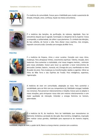 31 
                           a Cura é a Arte de Viver                                                                                                                  
    Xamanismo – A Verdadeira                                                                                                                                                   
 
PERIQUITO 

                                      É a medicina da comunidade. Evoca  ar para a hab
                                                                                     bilidade para
                                                                                                 a mudar suavemente de
                                                                                                                     e 
                                      direção, imitação, amor, confiança. Ajuda nas m
                                                                                    metas comuni itárias.  

 
 




 




PERU 

                                      É  a  medicina  das  benções,  da  purificação,  da  nobreza,  dignidade.  Para  ter    r 
                                      consciência  daquilo que e é sagrado.  Iluminação  e o despertaar do Eu Sup perior. Evoca
                                                                                                                              a 
                                      a compaixão o, a solidarie
                                                               edade, de coolher o que pplantamos. ÉÉ o símbolo d das bênçãos,, 
                                      da  boa  colheita,  de  honrar  a  vida.  Para  afas
                                                                                         star  maus  e
                                                                                                     espíritos,  má energias,
                                                                                                                   ás         , 
                                                 terceira visão
                                      expandir a t             o. Conexão ccom energias  s da Mãe Terrra.  

 

PICA‐PAU 

                                      É  a  medici           peza,  ritmo  e  amor  curativo.  Conexão  com  novo  ritmo,
                                                 ina  da  limp                                                     n            , 
                                      mudanças.  Para ultrapaassar limites, , cresciment to espiritual. Talento, int
                                                                                                      .            tuição, donss 
                                      maternais.  Para  aumentar  a  criatividade,  criar  novas  image mentais, ,  estimular
                                                                                                      ens          ,           r 
                                      para  novas  atividades.  Evocar  para  tocar  ou  aprender  a  tocar  instruumentos  de e 
                                      percussão (  tambor, batteria , marac cás, etc.) Eneergia de curaa, manifesta
                                                                                                                  ada no ritmo o 
                                      do poder doo amor. Paraa mudanças o   ou transform mações rápid das e urgentees. Vibrar ao
                                                                                                                               o 
                                      ritmo  da  M
                                                 Mãe  Terra  e dos  Espír
                                                              e             ritos  do  Tro
                                                                                         ovão.  Para  inteligência, esperteza,
                                                                                                                   ,            , 
                                      regeneraçãoo. 
                                       




PINGUIM 

                                      A  medicina de  viver  em  comunidade,  adaptação  ao  novo.  Para  aumentar  a
                                                 a                                                              a          a 
                                      sociabilidade, para ser ffeliz com seuu companheiro (a), fideli
                                                                                                    idade conjug
                                                                                                               gal, lealdade
                                                                                                                           e 
                                      nos romanc ces. Para preservar relaci ionamentos e relações. EEvocar para s
                                                                                                                se adaptar à
                                                                                                                           à 
                                      novas  situaç
                                                  ções,  para  e
                                                               enriquecer  nossa  vida  co maiores  relacioname
                                                                                         om                    entos  e  com
                                                                                                                           m 
                                      maior  qualidade  de  interação.  Entender  a energia  feminina  no  homem,
                                                                                         a                     n            , 
                                      paternidade e. 

 
 




PORCO‐ESP
        PINHO 

                                      É  a  medicina  da  fé,  d inocência Para  ter  habilidades que  neces
                                                               da         a.                      s          ssitamos  noo 
                                      momento. S  Simboliza a pproteção da não‐ação. Boa memória, inteligência
                                                                                                             a, inspiração
                                                                                                                         o 
                                      para  realiza coisas  grandes,  habilidade  para  expressar‐s de  mane
                                                  ar                                              se        eira  original,
                                                                                                                          , 
                                      natural. 

Humildade, alegria de v
                      viver, o poder da fé, liber
                                                rar a criança interior, con
                                                                          nectar com a essência.  



                                                                        co             matado por Ca
                                                                         ompilado e form           arlos Alberto d           bouças Junior 
                                                                                                                 de França Reb           r
 