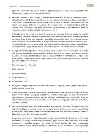 38 
    Xamanismo – A Verdadeira Cura é a Arte de Viver                                                                                                                            
 
        Água.  No  pensamento  nativo,  assim  como  não  podemos  bloquear  as  águas  de  um  rio,  também  não 
        bloqueamos as nossas emoções. Ou seja, deixar fluir.  

•       Representa  também  o  Reino  Vegetal.  A  Direção  Norte  (Hemisfério  Sul)  tem  as  dádivas  da  energia, 
        adaptabilidade, maturidade, diversão e humor. A hora é de estudar relacionamentos, quando tudo em 
        nosso mundo torna‐se verdadeiramente possível, quando buscar por amor é definitivamente uma de 
        nossas  forças  guias  e  onde  somos  capazes  de  dar  e  receber  amor  em  muitos  sentidos.O  poder  da 
        Direção  Verão  é  misterioso,  um  poder  de  mudança,  do  crescimento.  É  para  explorar  o  amor,  os 
        relacionamentos, o mundo a sua volta, explorar quem você é. 

•       A  Direção  Norte  (Hem.  Sul)  é  o  local  do  coração,  das  emoções.  É  lá  que  chegamos,  quando 
        necessitamos  curar  nosso  coração,  quando  necessitamos  aprender  como  amar,  quando  precisamos 
        aprender a deixar de lado tudo o que não é amor (ódio, medo, inveja, ciúme, raiva...). Ensina também 
        sobre sexualidade e sensualidade.Todos os desejos podem ser realizados pois a força vital está no auge. 
        A oportunidade para, no ano que se inicia, rever os ensinamentos do ano que passou. Para estabelecer 
        um compromisso, consigo mesmo, para seu crescimento, em mais um ciclo de sua missão terrestre.  

•       O corpo celestial da direção Norte é a Lua, que rege nosso corpo emocional, é a direção da fé. Quando 
        não  estamos  equilibrados  emocionalmente,  quando  sofremos  por  nossos  sentimentos,  quando 
        duvidamos da nossa capacidade de dar e receber amor, quando falta fé no Criador e no Mundo a nossa 
        volta,  quando  nos  esquecemos  de  ser  criança,  quando  não  temos  tempo  para  nos  divertir,  corremos 
        para o Guardião da Direção Norte.  

•       Elemento : Água Cor = Vermelho  

•       Reino = Vegetal  

•       Corpo = Emocional  

•       Corpo Celestial = Lua  

•       Totem Animal : Coiote  

•       Em  algumas  tradições  poderemos  encontrar  o  Guardião  da  Direção  Sul,  como  Coiote,  Porco  Espinho, 
        Coelho, ou ainda como o Rato. 

•       O sul é o lugar onde as pessoas buscam visões, pedindo ao Criador para apontar a direção que devem 
        seguir. Com frequência depois que o criador tornou conhecida essa direção, as pessoas devem segui‐la 
        tão rapidamente, que devem aprender a confiar no Criador e não questionar o caminho. Para ajudar no 
        seguimento dos novos caminhos, Shawnodese nos dá a dádiva da energia, adaptabilidade, maturidade, 
        brincadeira e humor.  

•       Para muitos humanos a época de Shawnodese é de auto‐segurança e aceitação. É uma época em que 
        tudo no mundo parece possível, quando a procura pelo amor é definitivamente uma de nossas forças 
        guias e quando somos particularmente capazes de dar e receber amor em muitos sentidos da palavra. É 
        época para se aprender sobre relacionamentos.  

•       Shawnodese é o local da fé e da confiança. Da inocência e da humildade. É a direção das emoções, dos 
        sentimentos,  da  criança  interior,  das  brincadeiras  e  jogos.  Quando  precisamos  fazer  fluir  nossos 
        sentimentos  e  emoções,  podemos  nos  sentar  ao  Norte.  Quando  não  somos  equilibrados 
        emocionalmente, quando sofremos por nossos sentimentos, quando duvidamos da nossa capacidade 


                                                                        compilado e formatado por Carlos Alberto de França Rebouças Junior 
 