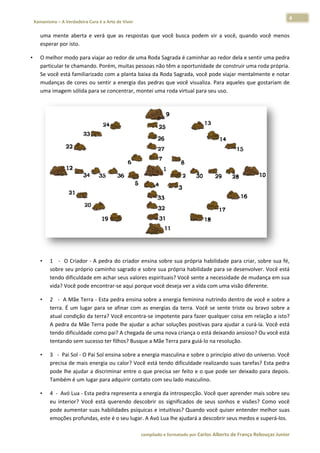 4 
                           a Cura é a Arte de Viver                                                                                                                  
    Xamanismo – A Verdadeira                                                                                                                                                  
 
        uma  mente  aberta  e  verá  que as  resposta que  você  busca  pode vir  a  voc quando  você  menos
                                       e            as                     em          cê,       v         s 
        esperar
              r por isto.  

•       O melhor modo par   ra viajar ao r
                                         redor de uma a Roda Sagra
                                                                 ada é caminh har ao redor dela e sentir uma pedraa 
        particul
               lar te chamando. Porém,    , muitas pess          m a oportunidade de con
                                                      soas não têm                        nstruir uma roda própria.
                                                                                                                  . 
        Se vocêê está familia
                            arizado com  a planta bai ixa da Roda  Sagrada, voc
                                                                              cê pode viajar mentalme  ente e notar
                                                                                                                  r 
        mudanç ças de cores s ou sentir a energia das s pedras que
                                                                 e você visualiza. Para aqqueles que ggostariam dee 
        uma immagem sólida para se concentrar, mon    ntei uma rod
                                                                 da virtual par
                                                                              ra seu uso.  




                                                                                                                                                                   

        •     1    ‐  O Criador
                              r ‐ A pedra d
                                          do criador ensina sobre  sua própria  habilidade  para criar, sobre sua fé,
                                                                                                                    , 
                bre seu próprio caminho  sagrado e s
              sob                                     sobre sua pró ópria habilid
                                                                                dade para se
                                                                                           e desenvolve er. Você está
                                                                                                                    á 
              tendo dificuldadde em achar r seus valores espirituais? Você sentee a necessida
                                                                                            ade de muda  ança em suaa 
                 a? Você pode encontrar‐
              vida                        ‐se aqui porq
                                                      que você des seja ver a vid
                                                                                da com uma vvisão diferen
                                                                                                        nte.  

        •     2    ‐  A Mãe Terra ‐ Esta pe
                                          edra ensina ssobre a ener
                                                                  rgia feminina  a nutrindo dentro de voc     cê e sobre aa 
              terr É  um  lug para  se  a
                 ra.         gar          afinar  com  a energias  da  terra.  Você  se  sente  triste  ou  br
                                                       as          d                                         ravo  sobre  a
                                                                                                                          a 
              atual condição  da terra? Voocê encontra a‐se impoten
                                                                  nte para faze  er qualquer  coisa em rel   lação a isto?? 
                pedra da Mãe Terra pode
              A p                          e lhe ajudar a achar solu
                                                                   uções positiv vas para ajudar a curá‐la    a. Você estáá 
              tendo dificuldadde como pai? A chegada de uma nov   va criança o e está deixanddo ansioso? O   Ou você está á 
              tentando sem s sucesso ter fi
                                          ilhos? Busquue a Mãe Terra para guiá‐  ‐lo na resolu
                                                                                             ução.  

        •     3   ‐                          na sobre a energia masculina e sobre
                  ‐  Pai Sol ‐ O Pai Sol ensin                                    e o princípio
                                                                                              o ativo do universo. Você
                                                                                                                      ê 
              precisa de mais   s energia ou  calor? Vocêê está tendo  dificuldade  realizando s
                                                                                               suas tarefas?
                                                                                                           ? Esta pedra
                                                                                                                      a 
              podde lhe ajudar a discrimin  nar entre o qque precisa s
                                                                     ser feito e o
                                                                                 o que pode s  ser deixado p
                                                                                                           para depois.
                                                                                                                      . 
              Tammbém é um l    lugar para addquirir conta
                                                         ato com seu lado masculi ino.  

        •     4  ‐  Avó Lua ‐ E
                              Esta pedra reepresenta a eenergia da inntrospecção. Você quer a  aprender maais sobre seu
                                                                                                                      u 
              eu  interior?  Vo está  que
                              ocê          erendo  descobrir  os  signnificados  de  seus  sonho e  visões?  Como  você
                                                                                               os                     ê 
              podde aumentar  r suas habilid
                                           dades psíqui icas e intuitiv
                                                                      vas? Quando  o você quiseer entender  melhor suas
                                                                                                                      s 
              emo oções profun ndas, este é o seu lugar. A Avó Lua lhhe ajudará a descobrir se eus medos e superá‐los. 

                                                                        co             matado por Ca
                                                                         ompilado e form           arlos Alberto d           bouças Junior 
                                                                                                                 de França Reb           r
 