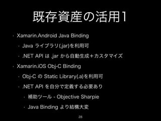 既存資産の活用1
•

Xamarin.Android Java Binding
•
•

•

Java ライブラリ(.jar)を利用可
.NET API は .jar から自動生成＋カスタマイズ

Xamarin.iOS Obj-C Binding
•

Obj-C の Static Library(.a)を利用可

•

.NET API を自分で定義する必要あり
•

補助ツール - Objective Sharpie

•

Java Binding より結構大変
28

 