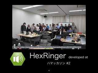 ref http://blog.airs.co.jp/2010/12/06/hamackathon-20101204.html

HexRinger

developed at

ハマッカソン #2
4

 