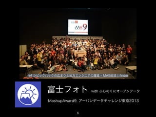 ref シビックハックの広まりと地方エンジニアの躍進 ‒ MA9総括 ¦ ﬁnder

富士フォト

with ふじのくにオープンデータ

MashupAward9, アーバンデータチャレンジ東京2013

6

 