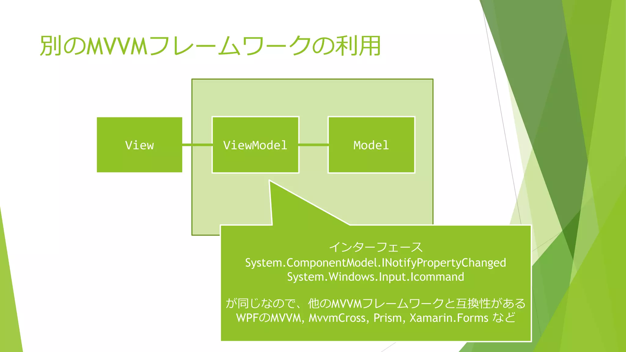 別のMVVMフレームワークの利用 
View ViewModel Model 
インターフェース 
System.ComponentModel.INotifyPropertyChanged 
System.Windows.Input.Icommand 
が同じなので、他のMVVMフレームワークと互換性がある 
WPFのMVVM, MvvmCross, Prism, Xamarin.Forms など 
 
