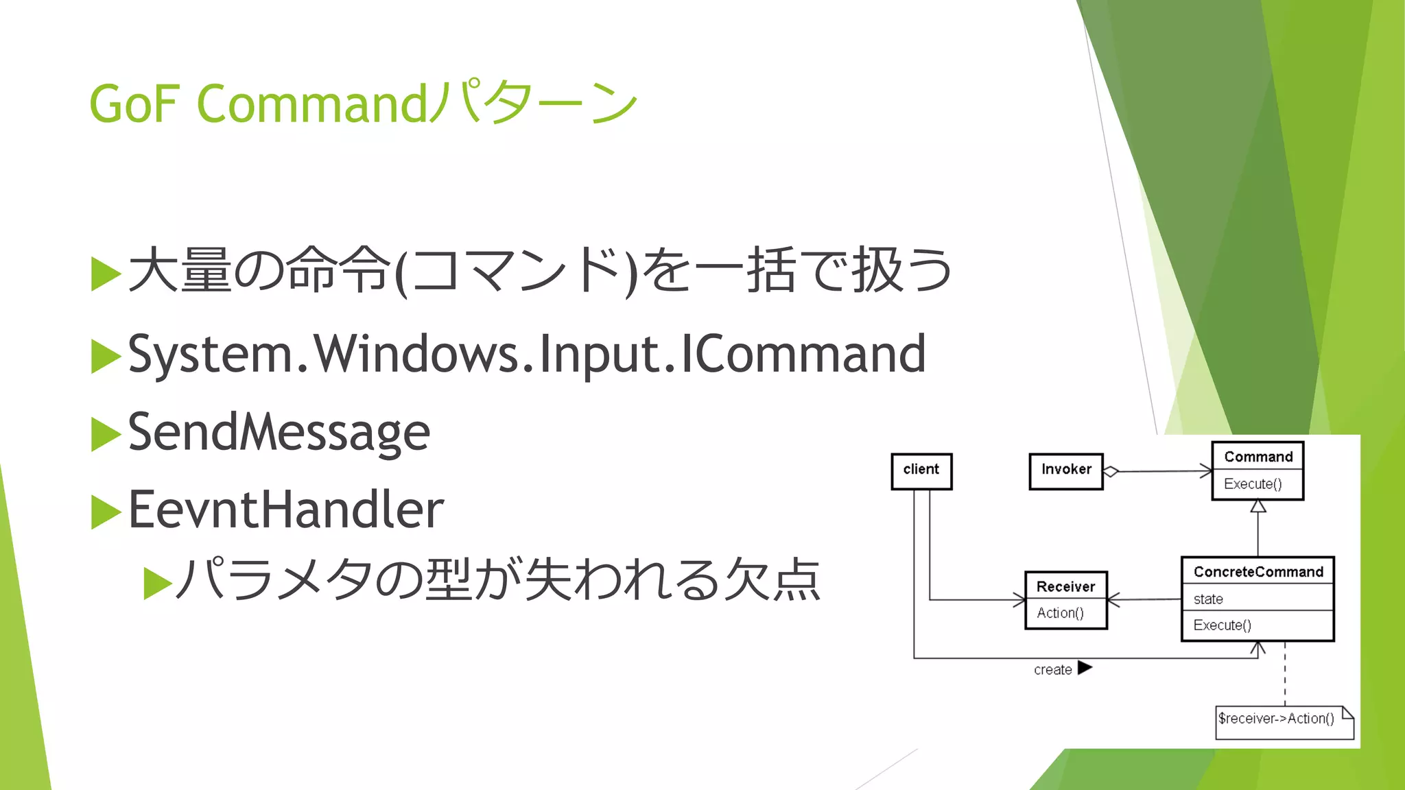GoF Commandパターン 
大量の命令(コマンド)を一括で扱う 
System.Windows.Input.ICommand 
SendMessage 
EevntHandler 
パラメタの型が失われる欠点 
 