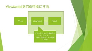 ViewModelをTDD可能にする 
View ViewModel Model 
プラットフォーム非依存に 
することにより、 
TDD で自動テストが可能 
になる 
 