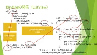 Bindingの関係（ListView） 
<ListView> 
<ListView.ItemTemplate> 
<DataTemplate> 
XAML 
ViewModel+Model 
Class 
Codebehind 
*.cs 
<ViewCell> 
<StackLayout> 
<Label Text="{Binding Name}" /> 
public class MyItems : 
ObservableCollection<MyItem> 
{ 
var items = new MyItems(); 
lv.ItemsSource = items; 
public class MyItem : BindableBase 
{ 
private string _Name; 
public string Name { get; set; } 
{ 
get { return _Name; } 
set { this.SetProperty(ref this._} 
※ただし、一度だけの表示であれば、 
INotifyPropertyChanged を実装する必要はない。 
 