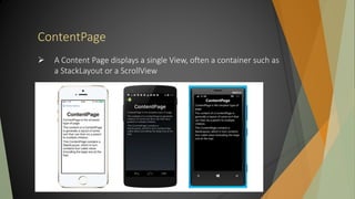 ContentPage
 A Content Page displays a single View, often a container such as
a StackLayout or a ScrollView
 