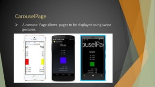 CarouselPage
 A carousel Page allows pages to be displayed using swipe
gestures.
 