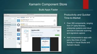 Xamarin Component Store
Productivity and Quicker
Time-to-Market
 Over 300 components, ranging
from 3rd party libraries,
enterprise systems and cloud
services to barcode scanning
and signature capture
 Add components to apps with
just a few lines of code
directly in Visual Studio and
Xamarin Studio
Build Apps Faster
 