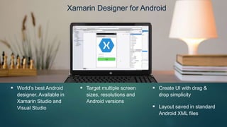 Xamarin Designer for Android
 World’s best Android
designer. Available in
Xamarin Studio and
Visual Studio
 Target multiple screen
sizes, resolutions and
Android versions
 Create UI with drag &
drop simplicity
 Layout saved in standard
Android XML files
 